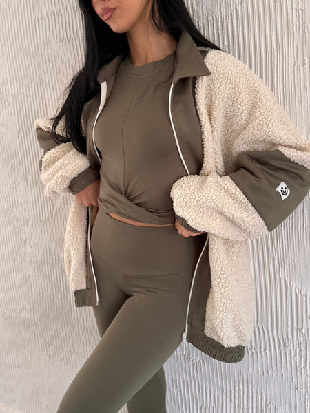 Full Zip Teddy Forest Green & Off White