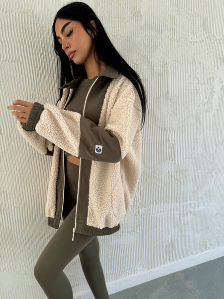 Full Zip Teddy Forest Green & Off White