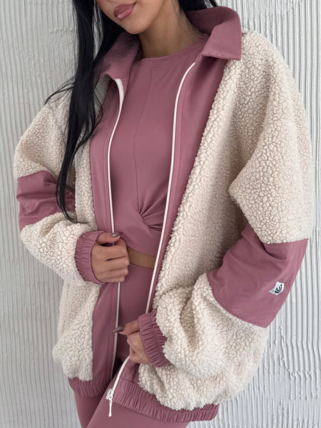 Full Zip Teddy Rose Pink & Off White
