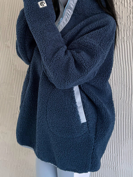 Teddy Navy/ Sky Blue Blue Piping half zip fur