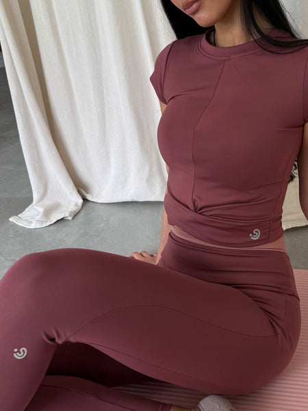 Modest yoga wear set for women in Jordan Amman - Berry Brown activewear Top and leggings by SHEERJOY  