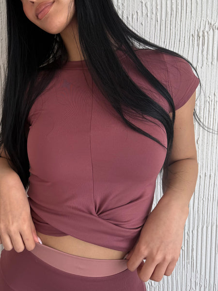 Modest yoga wear set for women in Jordan Amman - Berry Brown activewear Top and leggings by SHEERJOY  