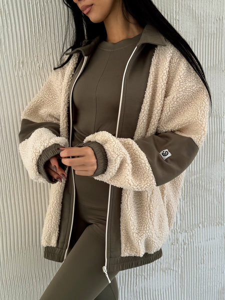 Full Zip Teddy Forest Green & Off White