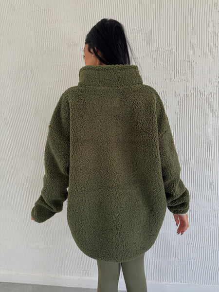 Teddy Green/ Beige Piping half zip fur