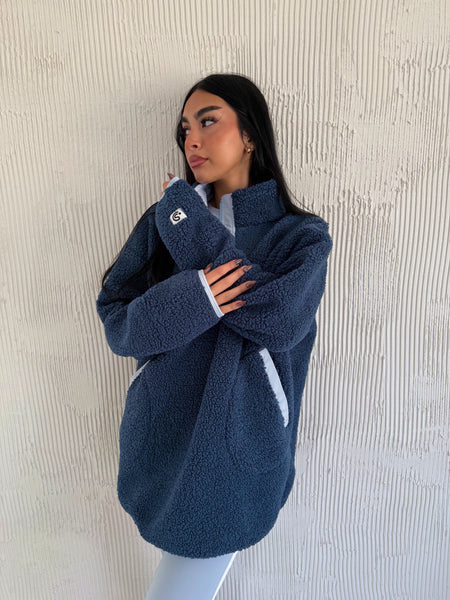 Teddy Navy/ Sky Blue Blue Piping half zip fur