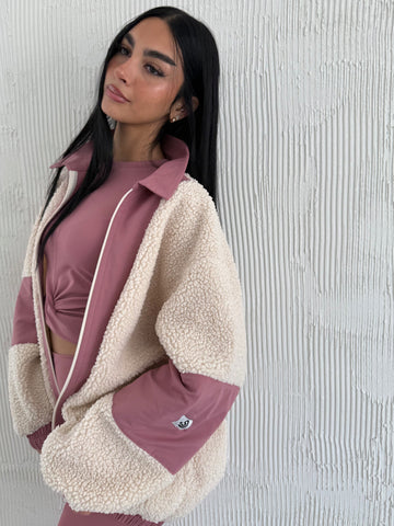 Full Zip Teddy Rose Pink & Off White