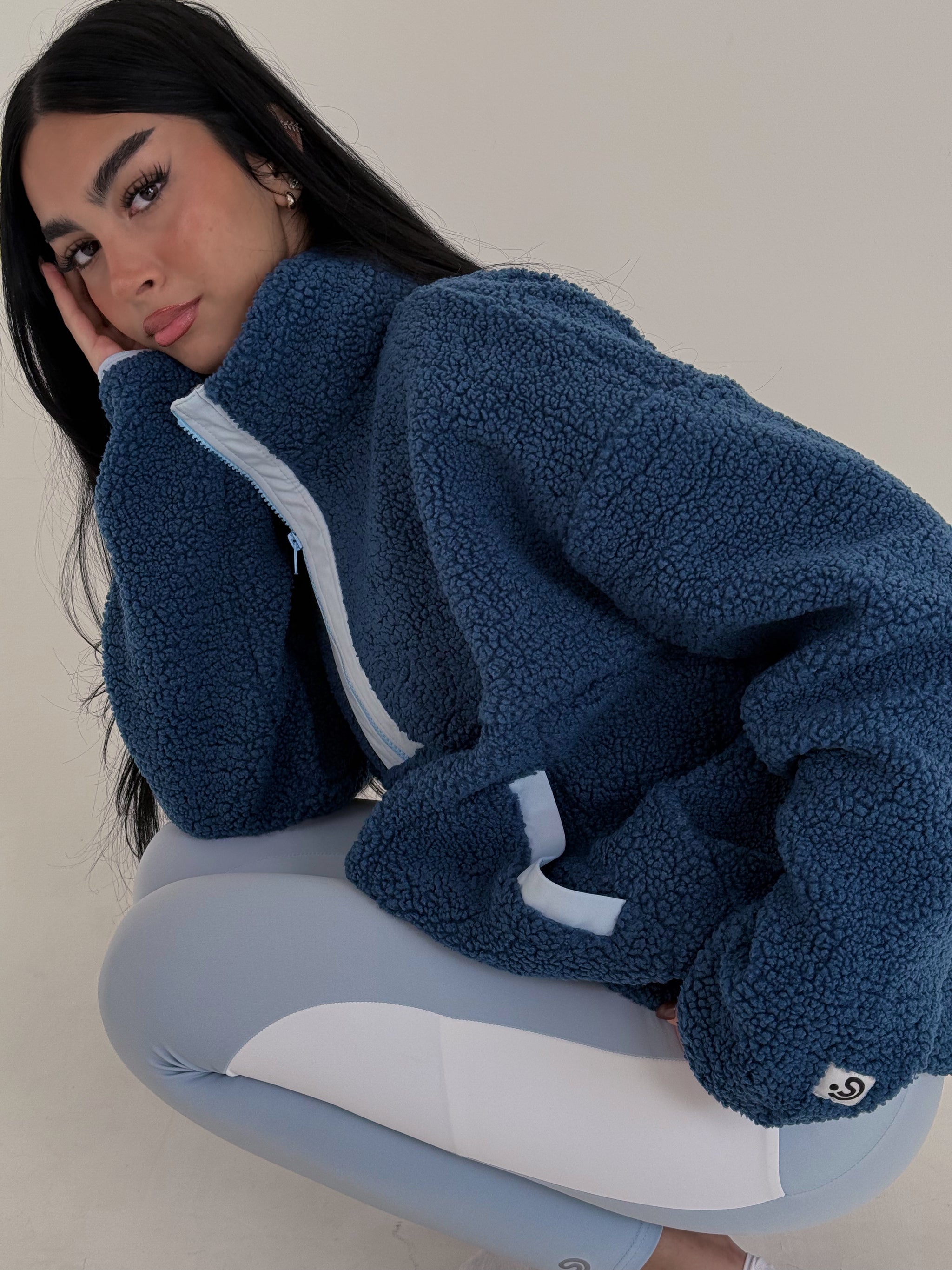 Teddy Navy/ Sky Blue Blue Piping half zip fur | SHEER SIN Lingerie