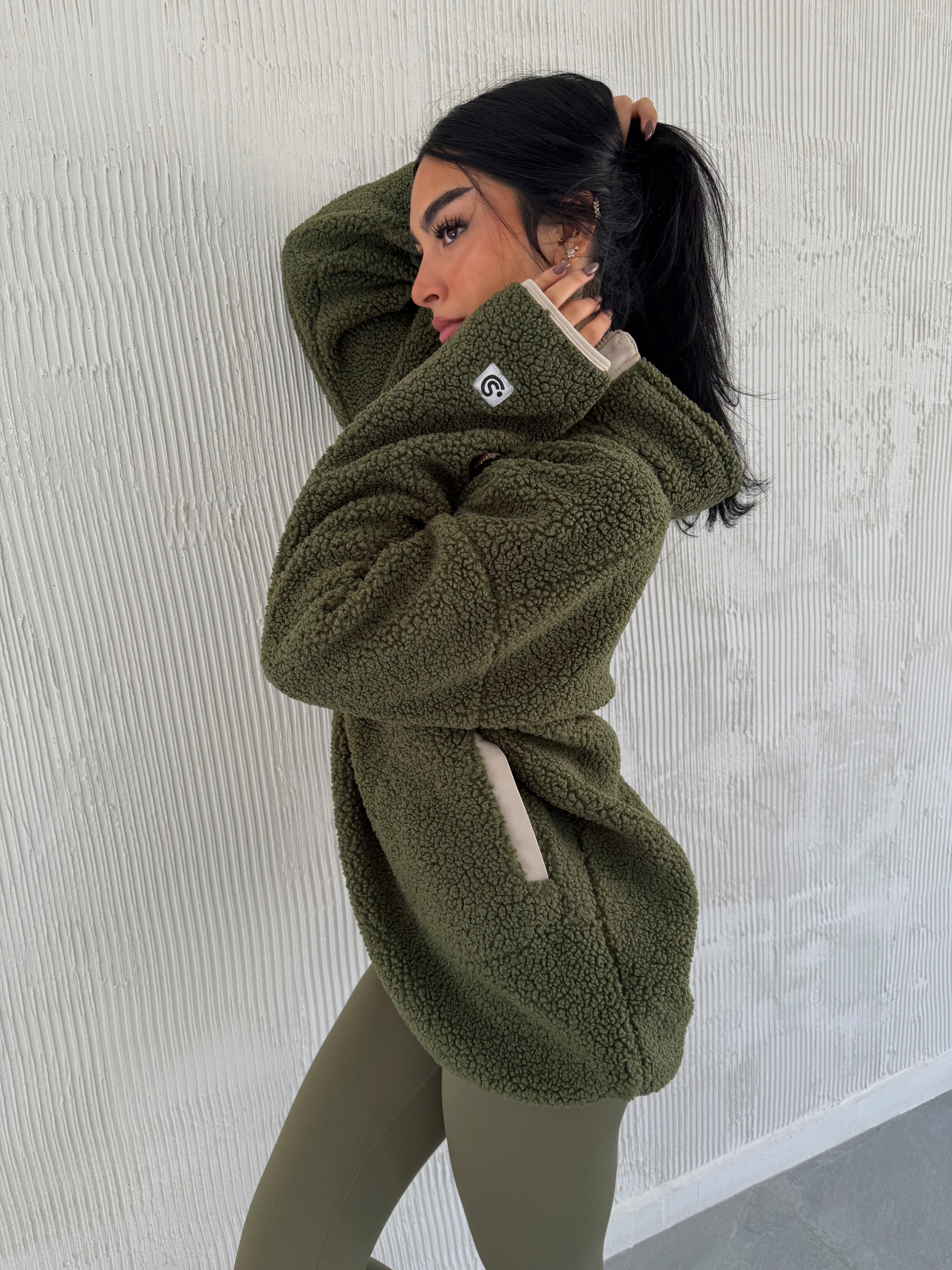 Teddy Green/ Beige Piping half zip fur | SHEER SIN Lingerie